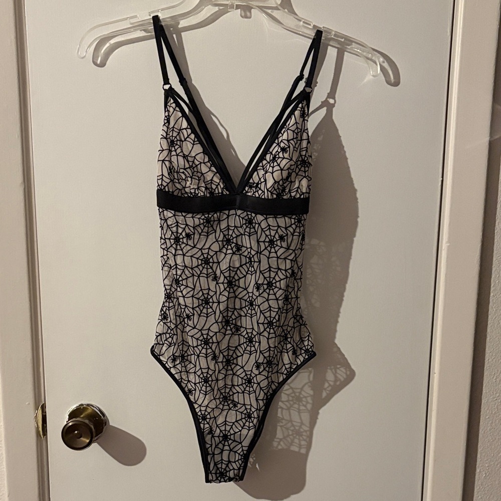 Victoria's Secret Black and White Lace Bodysuit w Spider details